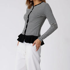 Long Sleeve Ruffles Stripe Print Round-Neck Button Down Shirt
