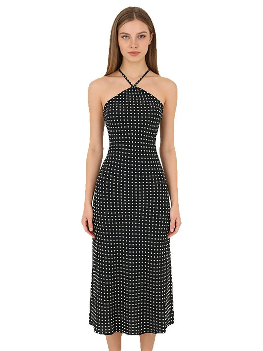 Black Polka Dot Halter Neck Midi Dress