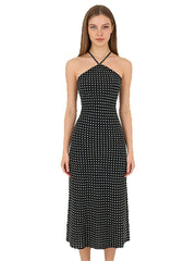 Black Polka Dot Halter Neck Midi Dress