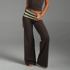 Brown Striped Fold Over Waist Long Yoga Pants