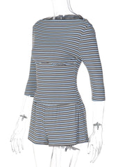 Striped Print 3/4 Sleeve Boat Neck Top and Elastic Waist Shorts Set