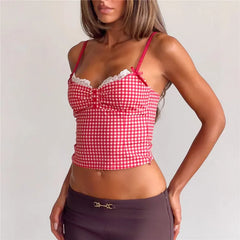 Gingham  Lace Sweetheart Neck Cropped Cami Top