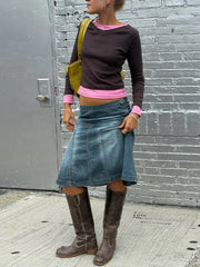 Two Tone Patchwork Round Neck Long Sleeve Top