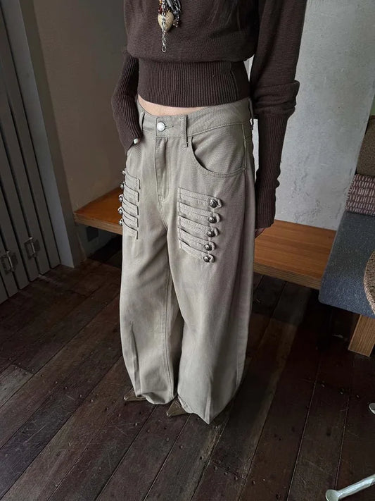 Barrel Decorative Military-Style Buttons Pants