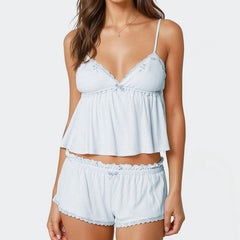 Embroidered Trim Cami Top And Shorts Pj Set