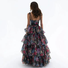 Printed Tie Up Strap Tiered Frill Irregularity Maxi Dress