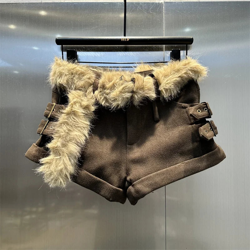 Brown Fur Belt Low Waist Shorts Free From Label