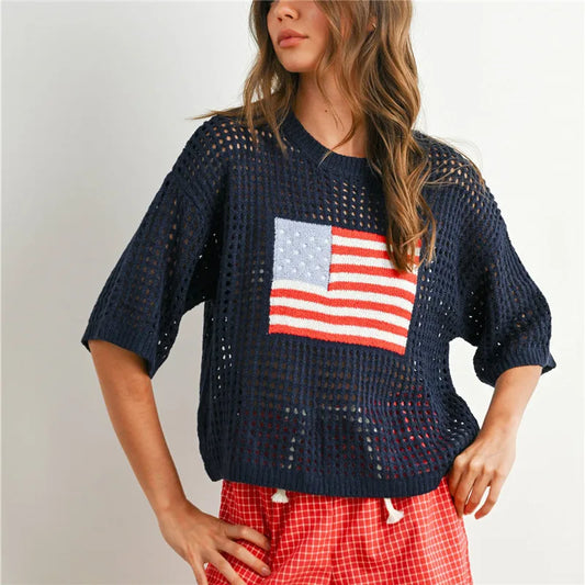 American Flag Print Knit Crochet Top