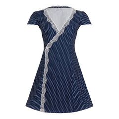 Blue Polka Dot V-neck Lace Trim Mini Dress