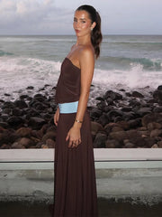 Brown Contrast Waist Cinched Strapless Long Dress