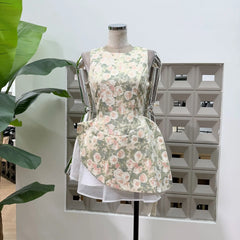 Jacquard Floral Print O-neck Sleeveless Irregular Weave A-line Mini Dress