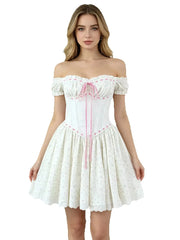 White Lace Patchwork Off-shoulder Ribbion Mini Dress