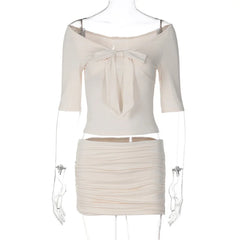 Bow V-Neck Cropped Top And Pleated Mini Skirt Set