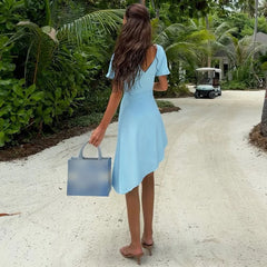 Blue Deep V-Neck Short Sleeve Asymmetrical Hem Midi Dress