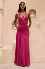 Deep Halter Neck Pleated Desgin Maxi Dress