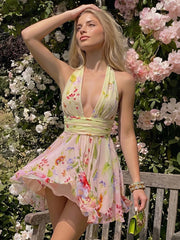 Print Floral Deep V-neck Mini Dress