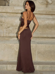 Brown Spaghetti Strap Mesh Patchwork Maxi Dress