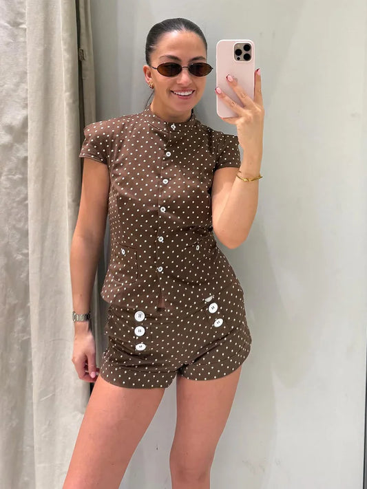 Brown Polka Dot Buttoned Top And Shorts Set