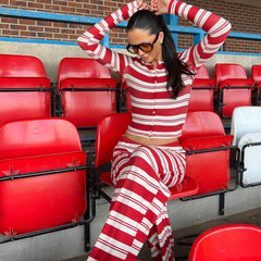 Striped Crew Neck Long Sleeve Button Up Top and Pants Set