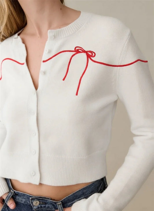 White Bow Crop Knit Cardigan