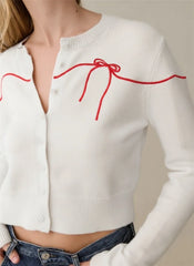 White Bow Crop Knit Cardigan