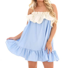 Women's ruffled bow tied back mini babydoll dress with a square neck.

