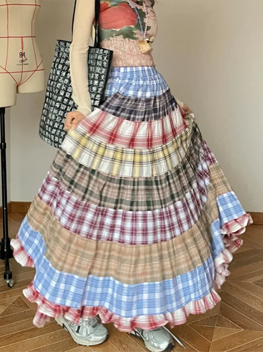 Women's plaid patchwork ruffles maxi skirt with A-line silhouette.

