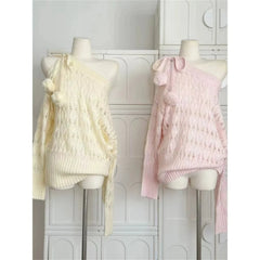 Knitted Off Shoulder Pom Pom Tie Up Sweatshirt