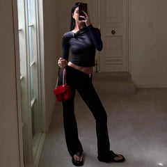 Black Long Sleeve Asymmetric Crop Top And Long Pants Matching Set