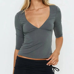 V-neck 3/4 Elbow Sleeve Fitted Wrap T-shirt