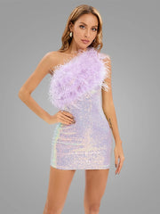 Purple One Shoulder Sequin Feather Mini Dress
