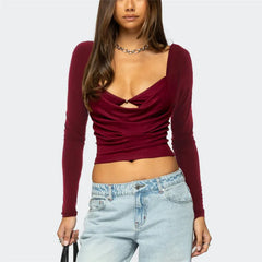 Long Sleeve Pearl Cowl Neck Bralette Top