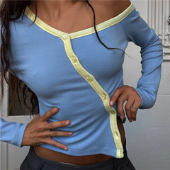 Off Shoulder Contrast Colour Button Long Sleeve Cardigan