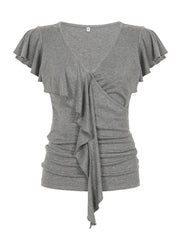 Grey Ruffles Deep V Neck Top