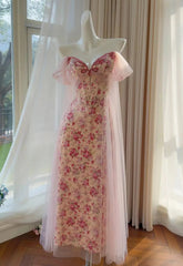 Pink Floral Off-the-Shoulder Mesh Drape Midi Dress