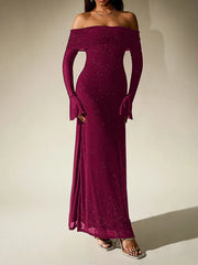Off-Shoulder Flared Long Sleeve Sequined Maxi Dress