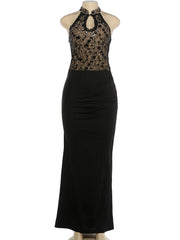Sequin Hollow Stand Collar Satin Patchwork Maxi Dress
