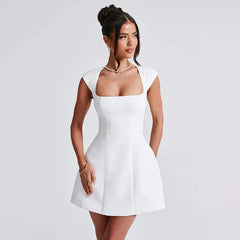 Square Neck Short Sleeve A-Line Solid Mini Dress