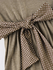 Brown Long Sleeve Babydoll Top with Dot Print Belt