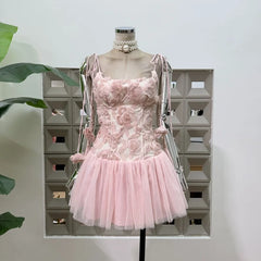 Embroidered Mesh Flower Tie Straps Tulle Mini Dress