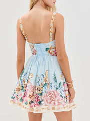 Blue Floral Printed Corset A-Line Mini Dress