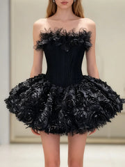 3d Flower Flare Fringe Neck Corset Mini Dress