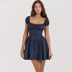 Blue Short Sleeve Buttoned Frill Mini Dress - Free From Label