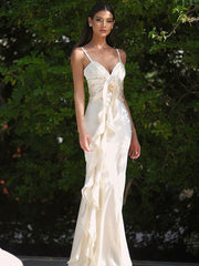 Satin Flowers Ruffles Long Dress