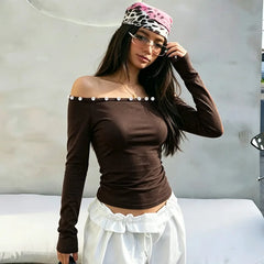Long Sleeve Button Trim Off-shoulder Top