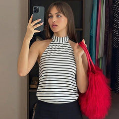 Black and White Striped Halter Top