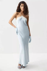 Satin Halter Lace Trim Maxi Dress
