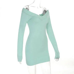 Blue Off-Shoulder Knit Long Sleeve Mini Dress