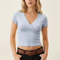 Solid Wrap V-Neck Short Sleeve T-Shirt
