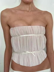 Strapless Mesh Satin Bow Tie Crop Top
